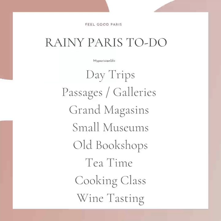 🇫🇷🔖 The way the last few days have been going I think we need this one : Paris Rainy day tips anyone!?🤣🤗

Bookmark and let me know what you think! 

📍Day trips - get out of town. 
Go to the champagne region it’s 1 hour away.
Go to London it’s 2 hours away on the fast Eurostar. There are tons of other easy and fun options! 

📍Grand Magasins - shop at the big department stores like Galeries Lafayette or Printemps with everything under one roof from perfumes, high fashion to luxury. 

📍Small Museums - don’t let the Louvre overshadow some of the best in Paris like Musee de la Vie Romantic or the Montmartre museum. 

📍 Old Bookshops - travel back in time inside some of the cutest bookshops like Shakespeare and Co.

📍 Tea time - try high tea at the Ritz or a more casual tea time at Lily of the Valley 

📍Passages / Galleries - if you love exquisite architecture history and cool shops, then you have to see some of the most beautiful passages in Paris like Galerie Vivienne or Passage de Grand Cerf.

📍 Cooking classes - learn how to make some French pasties like macarons with La Cuisine de Paris in English. 

📍 Wine tasting - learn more about French wines in a fun ambiance with We Taste Paris.

🔖🔖 want more Feel Good Paris tips!?
Follow for more 🤗🥰
Your Parisian event planner and tour guide,
Yanique 

#myparisianlife #paris #whattodoinparis #paristips #travelerinparis #wineinparis #parisblogger #paristourguide #parisjetaime #seemyparis #thingstodoinparis #parisfrance #parisbookshops